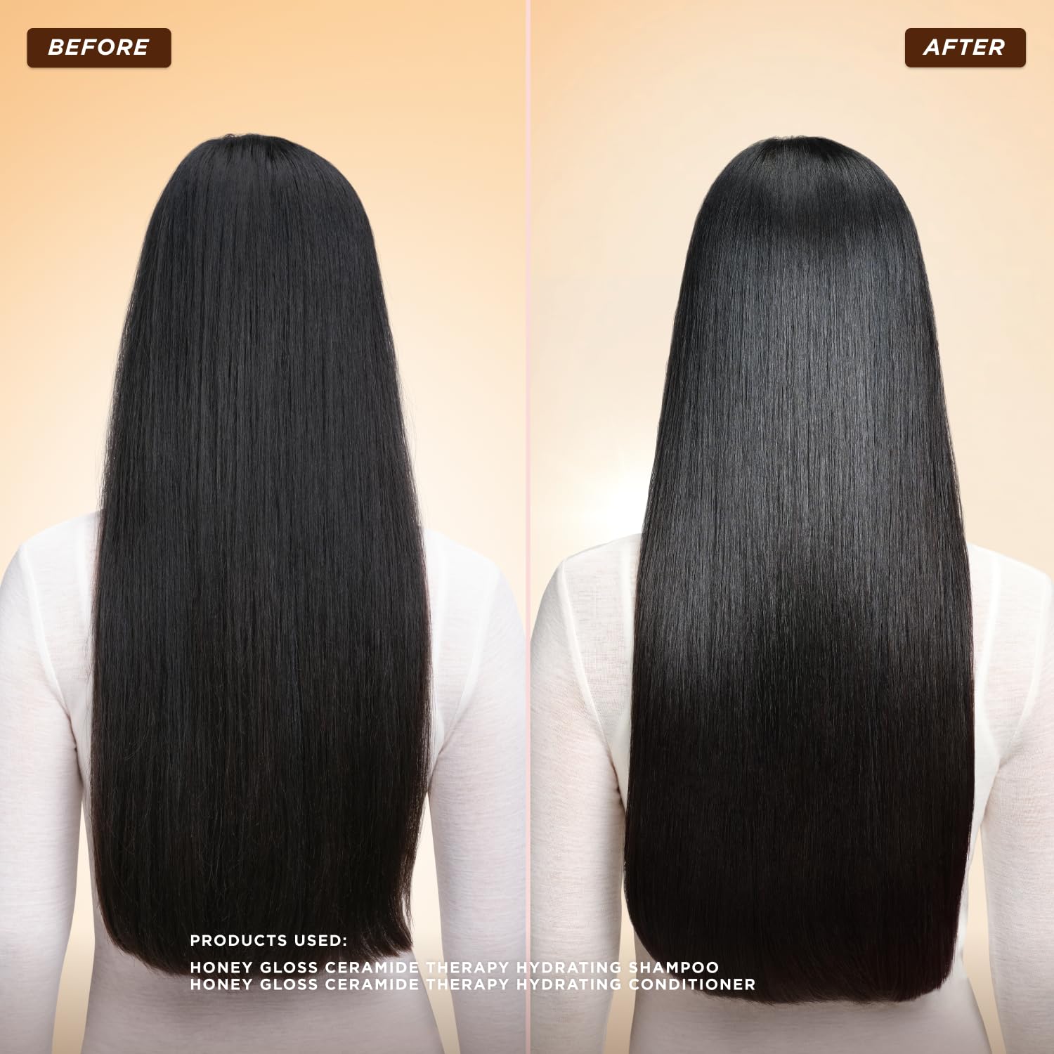 Hair with a glossy, silky finish after Gisou conditioner use.
