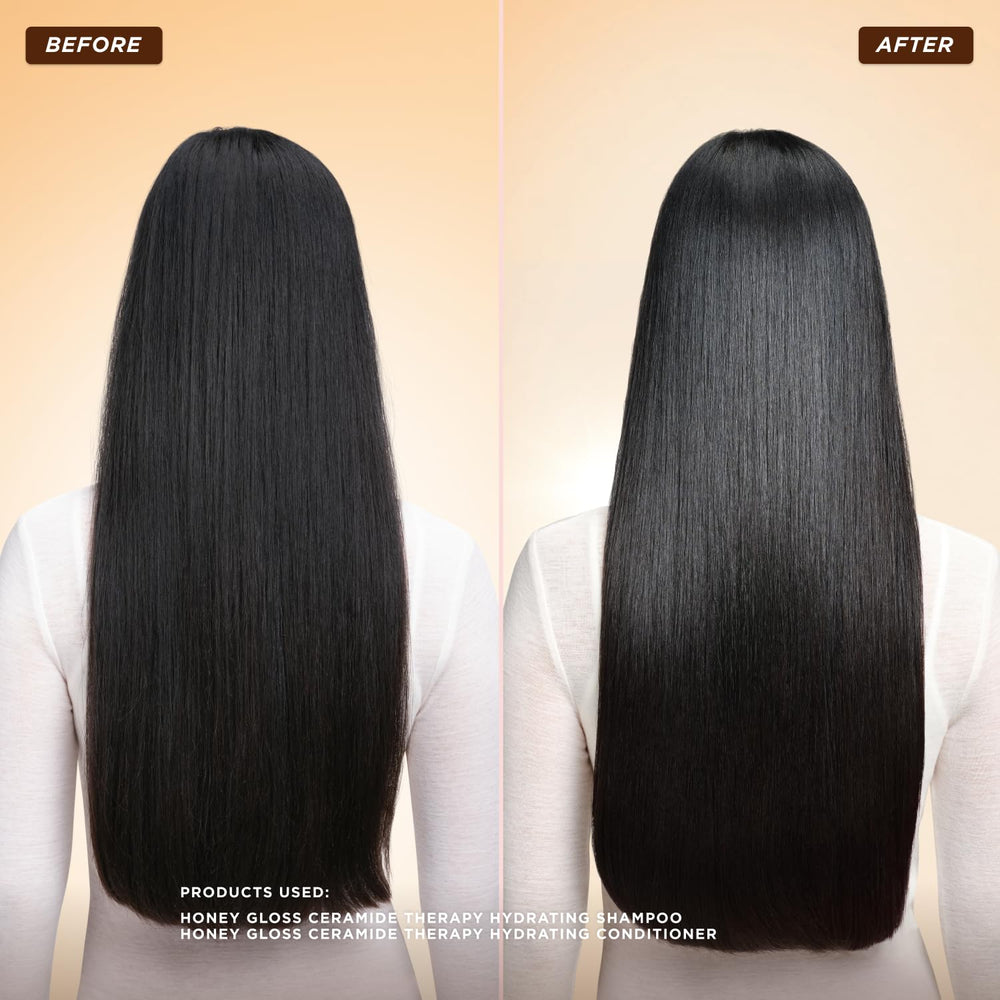 Hair with a glossy, silky finish after Gisou conditioner use.