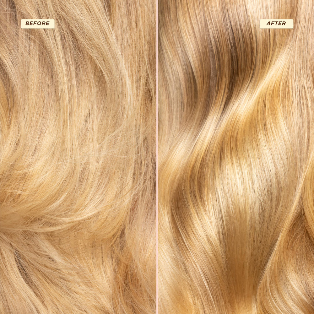 Gisou Honey Gloss Ceramide Therapy Mask before-and-after concept shows smoother hair.