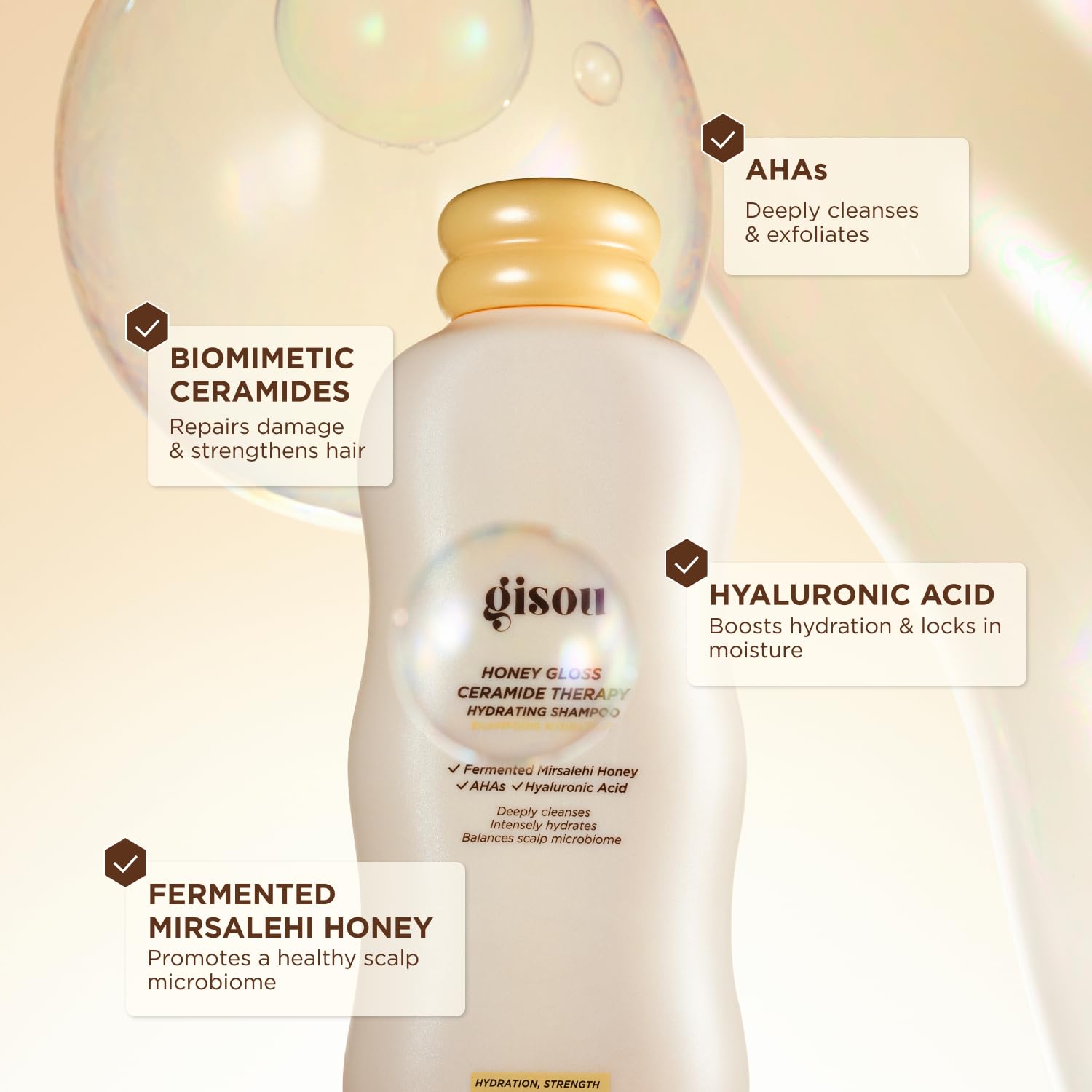 Gisou Honey Gloss Ceramide Therapy Shampoo being poured for deep cleansing.