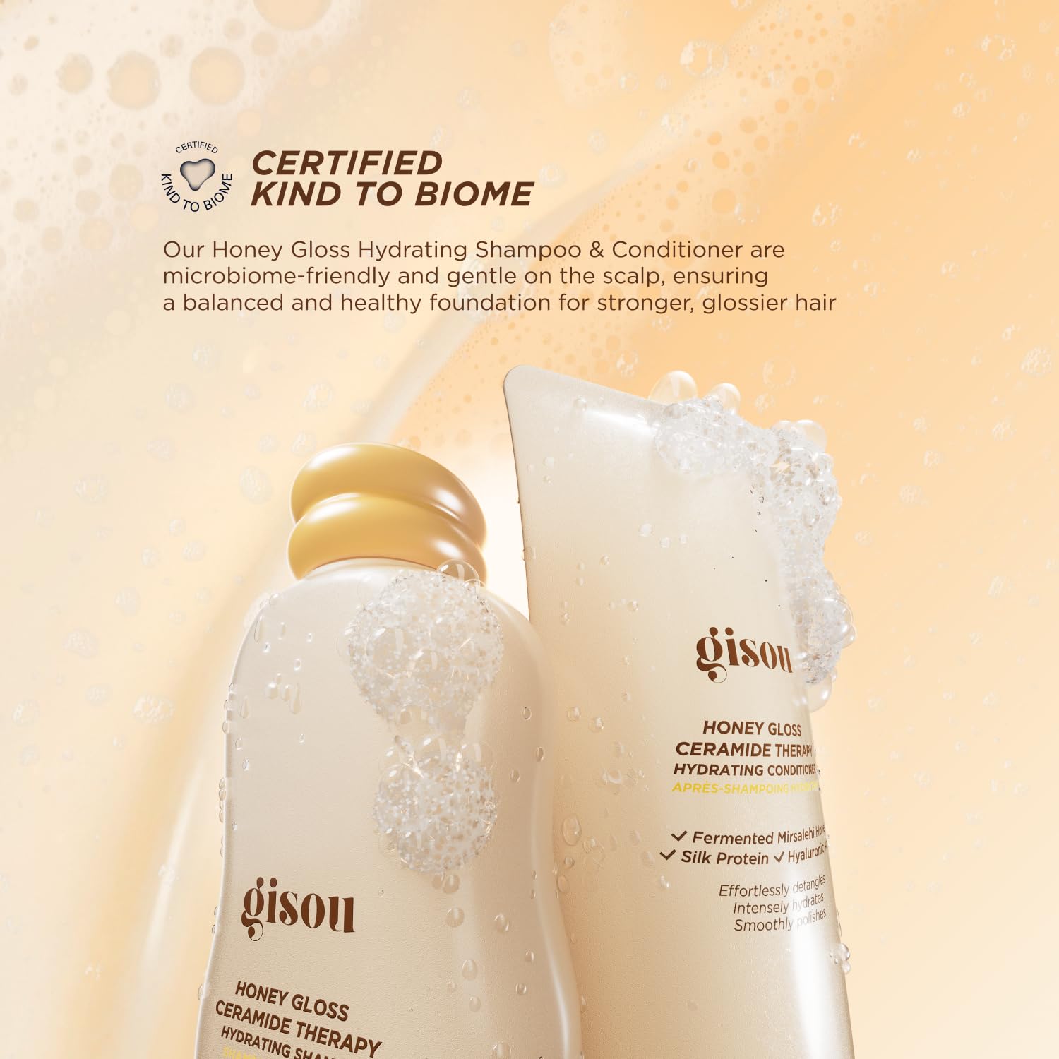 Rich lather and smooth texture of Gisou Honey Gloss Ceramide Therapy Shampoo.