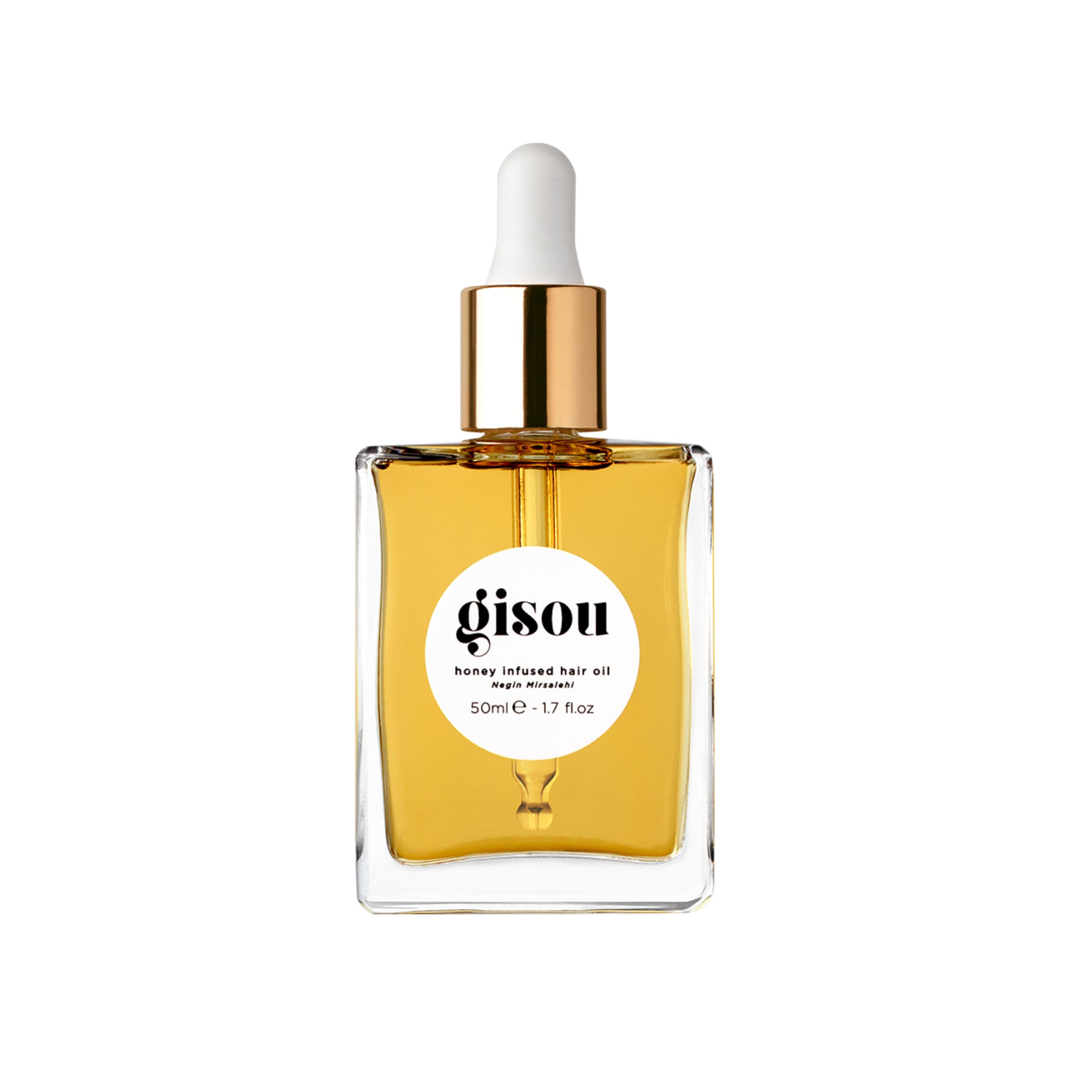 Gisou Honey Infused Hair Oil bottle shot showing hydrating shine for all hair types.