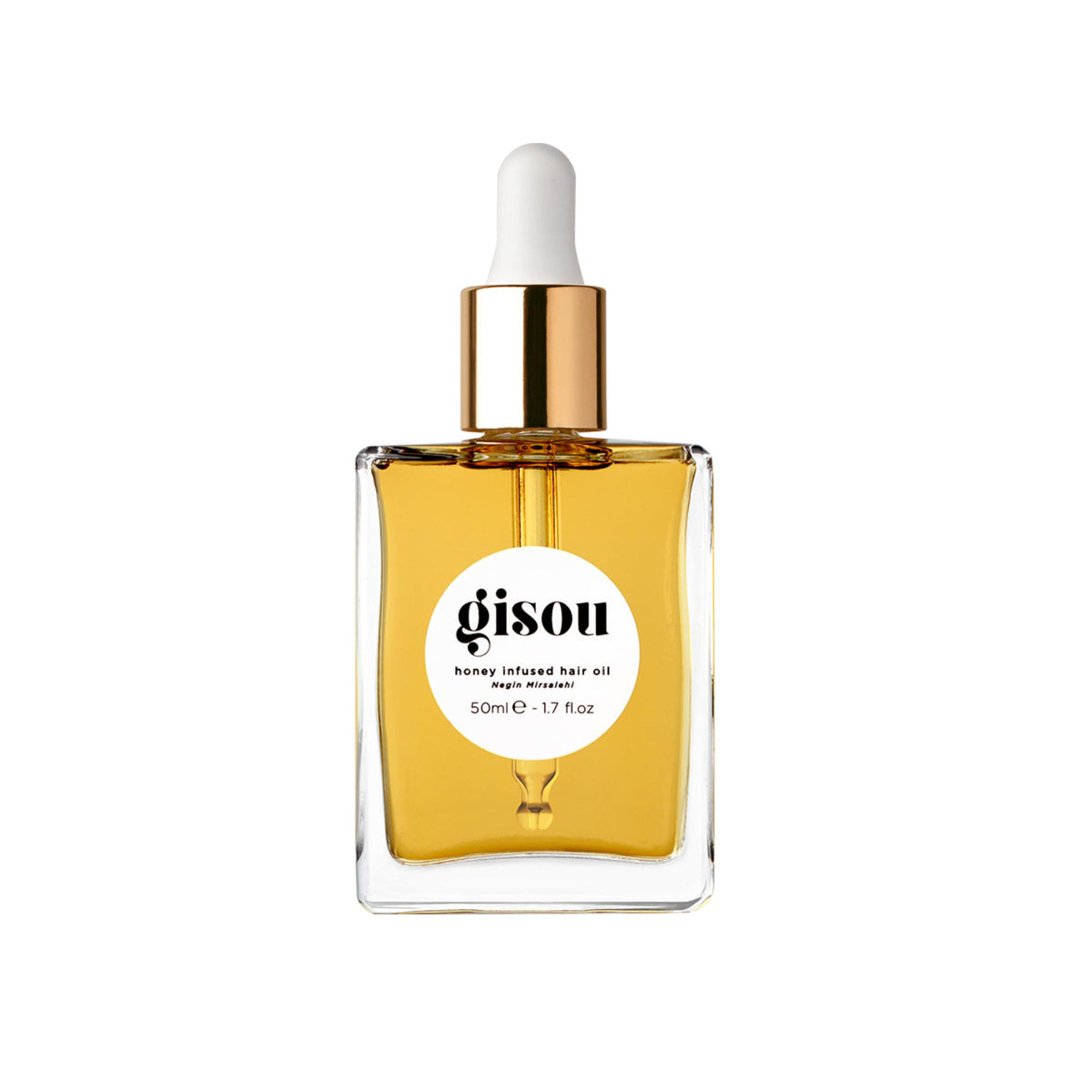 Gisou Honey Infused Hair Oil bottle shot showing hydrating shine for all hair types.