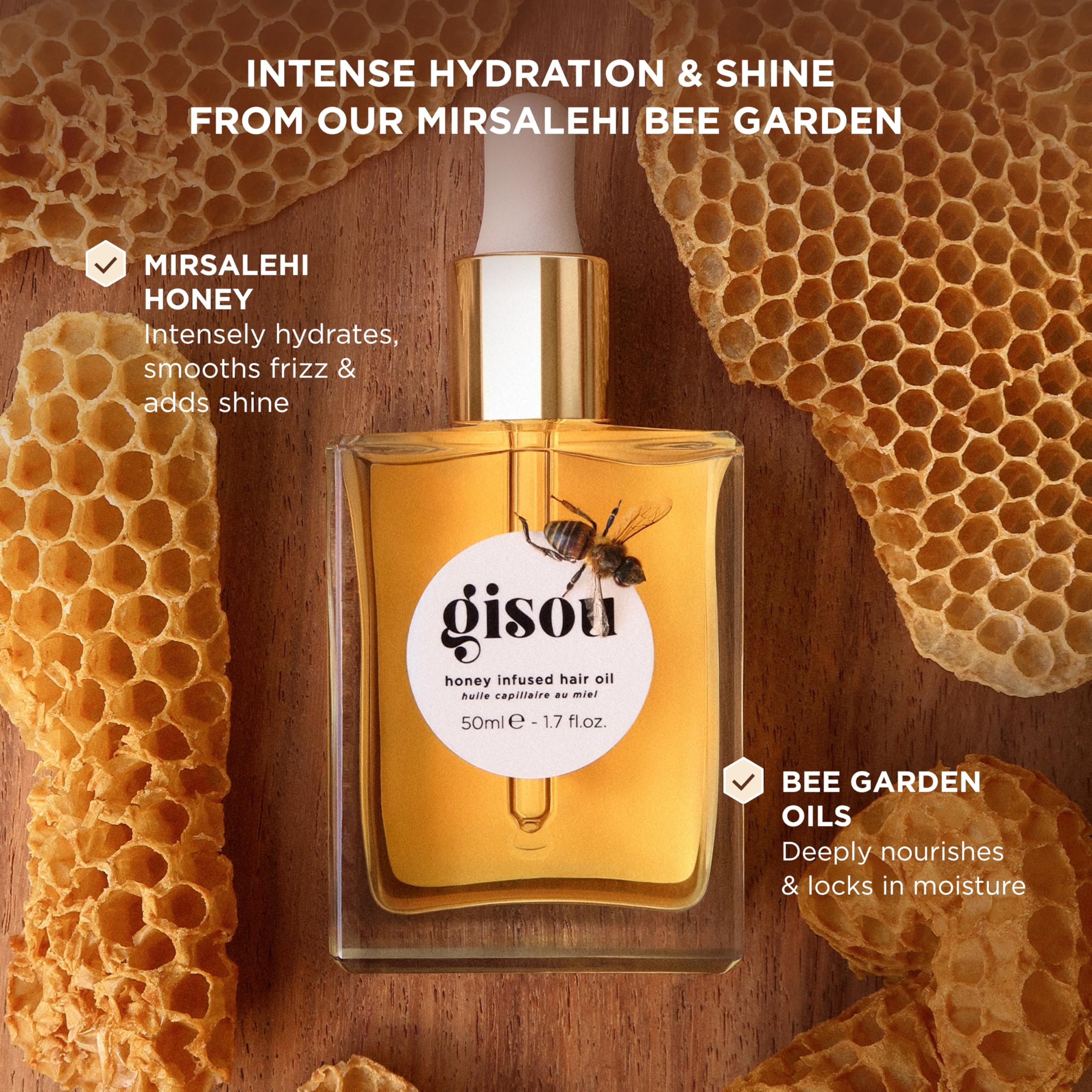 Gisou Honey Infused Hair Oil Mini packaging highlights compact travel-friendly design.