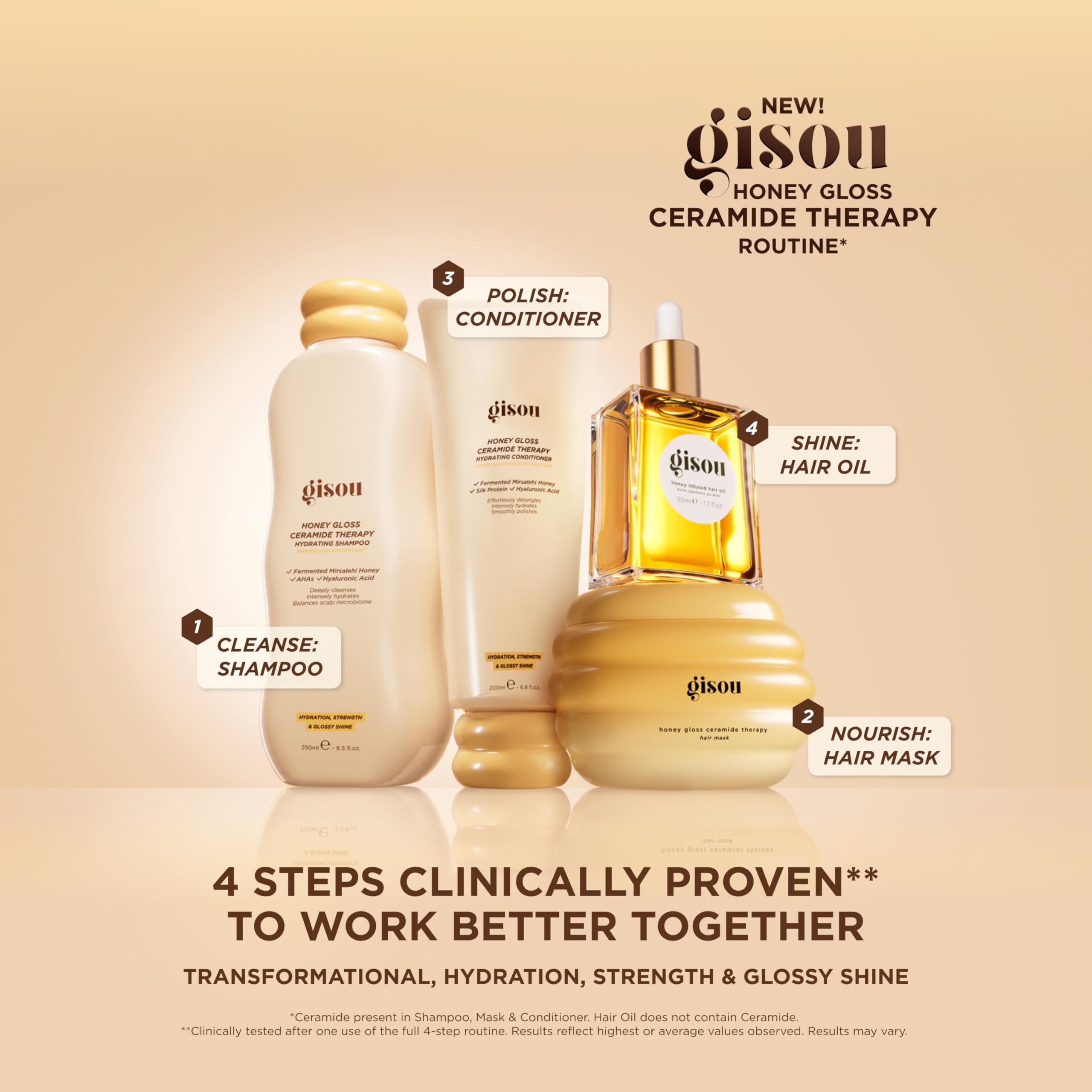 Gisou Honey Infused Hair Oil finishes damp hair with healthy-looking glow.