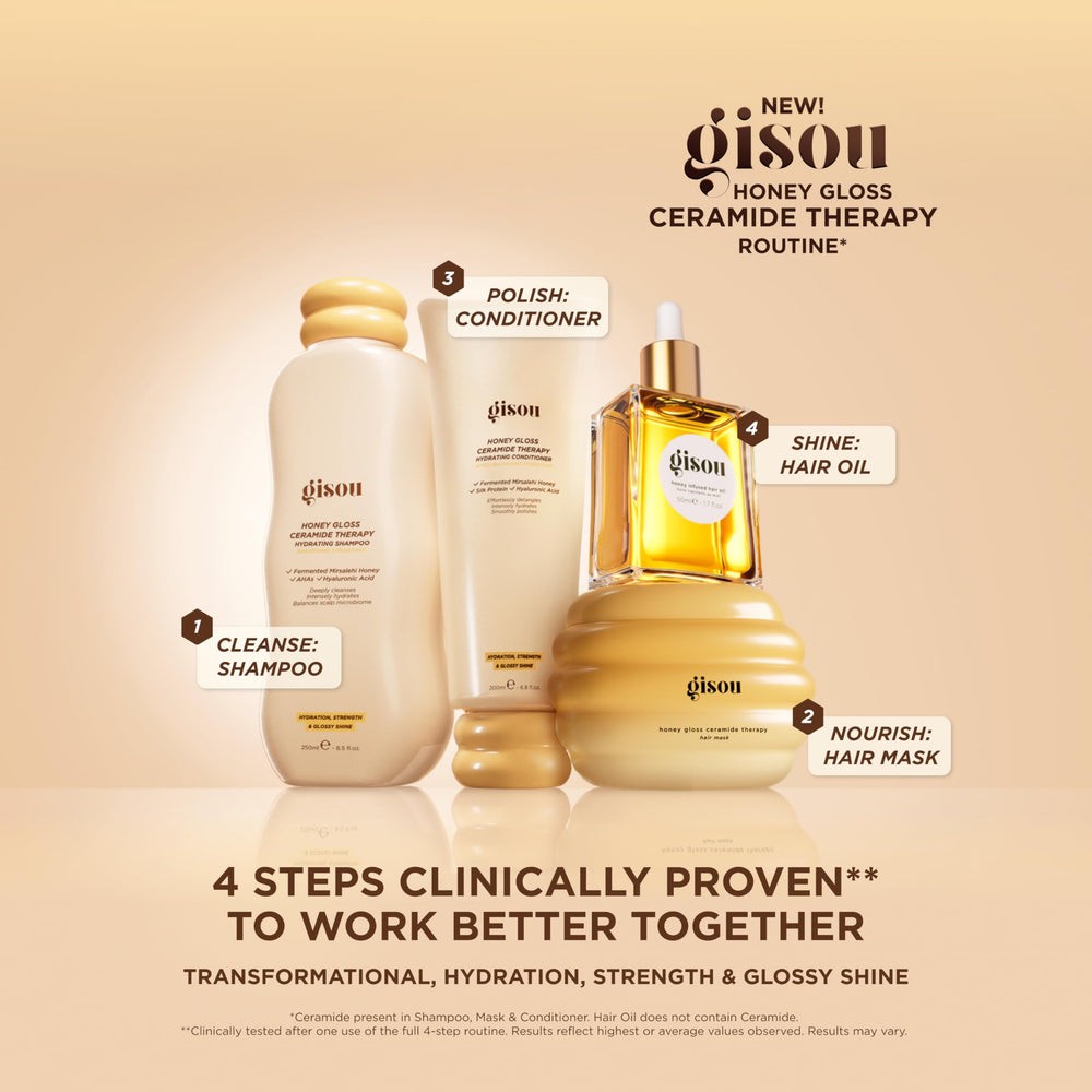 Gisou Honey Infused Hair Oil finishes damp hair with healthy-looking glow.