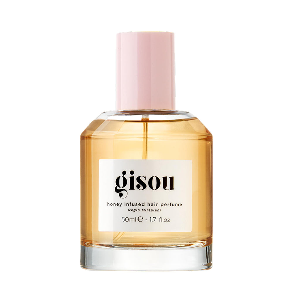 Gisou Honey Infused Hair Perfume bottle close-up showing hydrating shine.