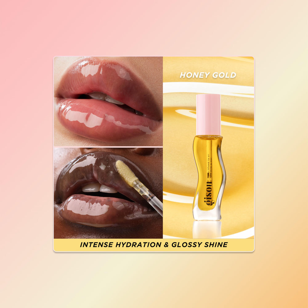 Gisou Honey Infused Lip Oil close-up shows glossy finish.
