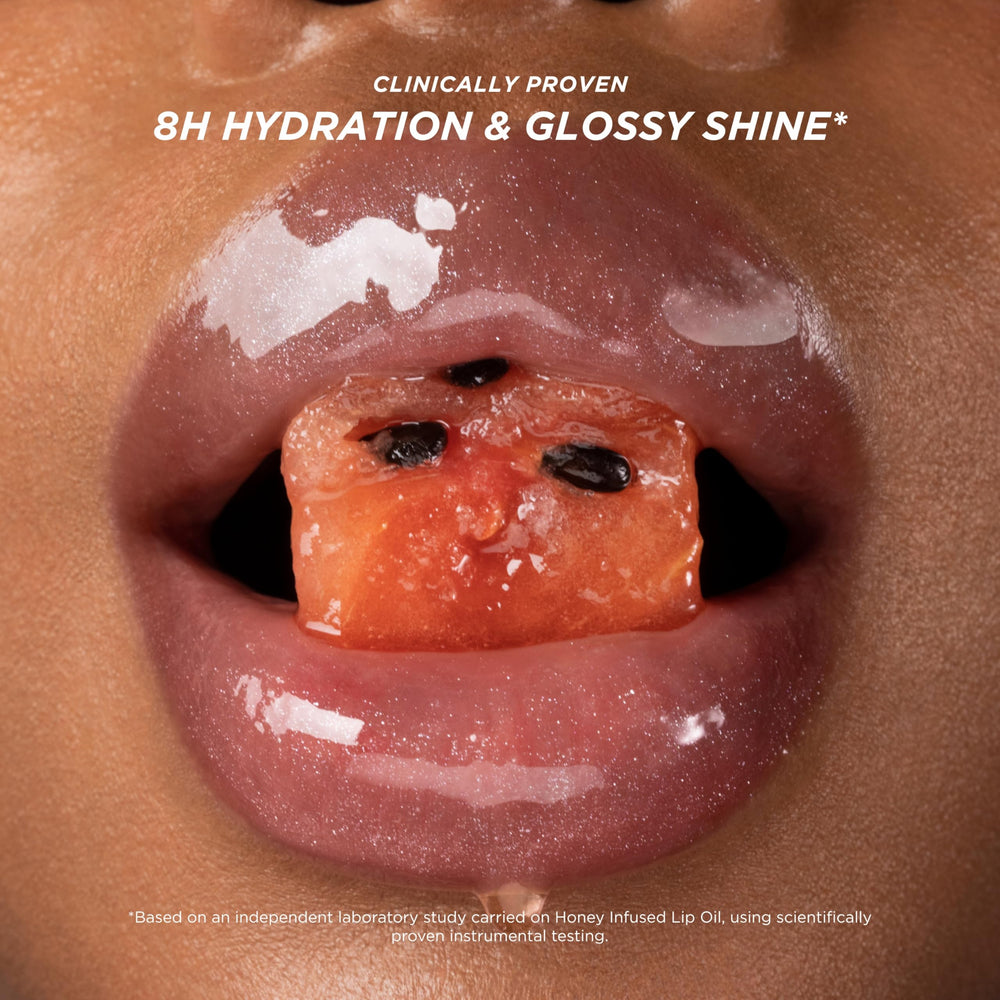 Honey Gold shade swatch on lip with warm radiance.