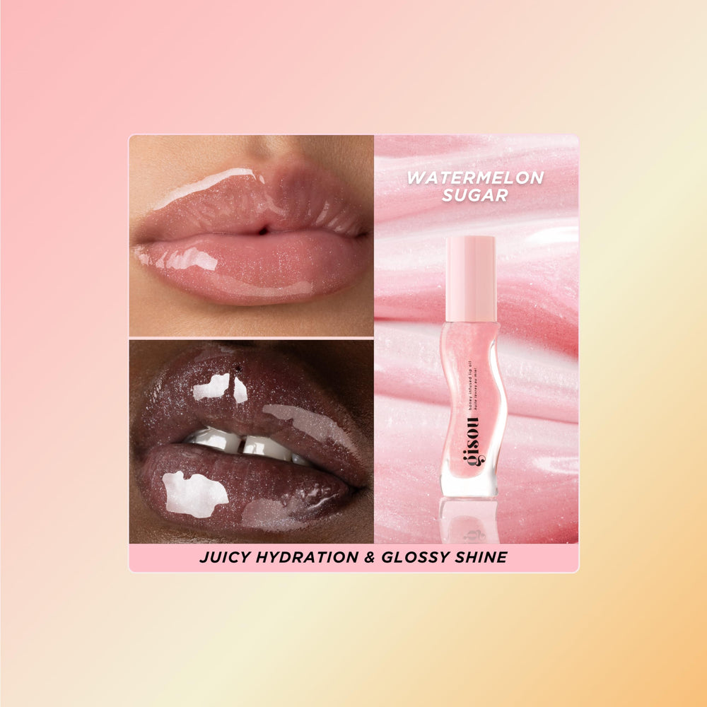 Wand of Gisou Lip Oil highlighting nourishing ingredients for lips.