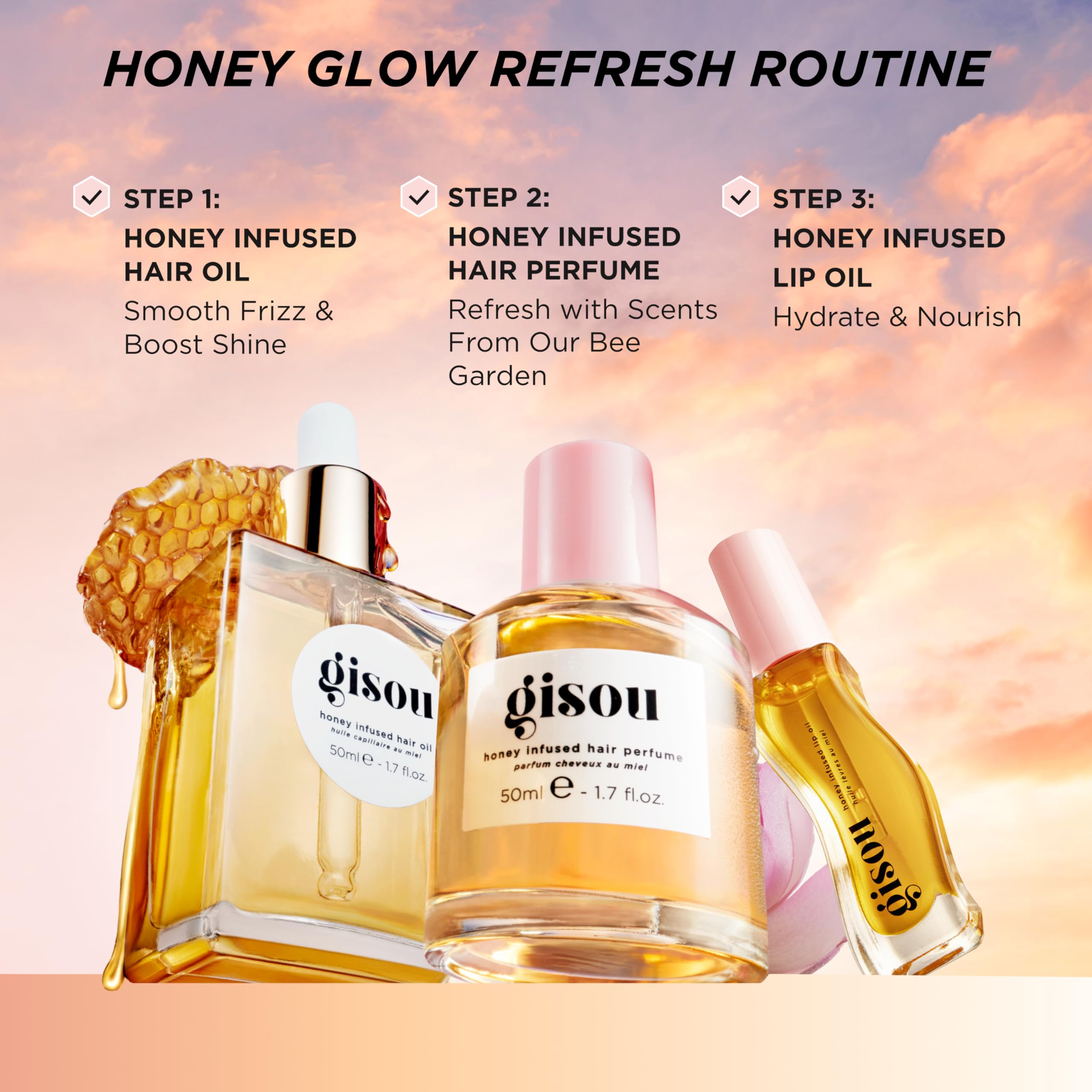 Gisou silky-soft hair after spray with glossy finish.