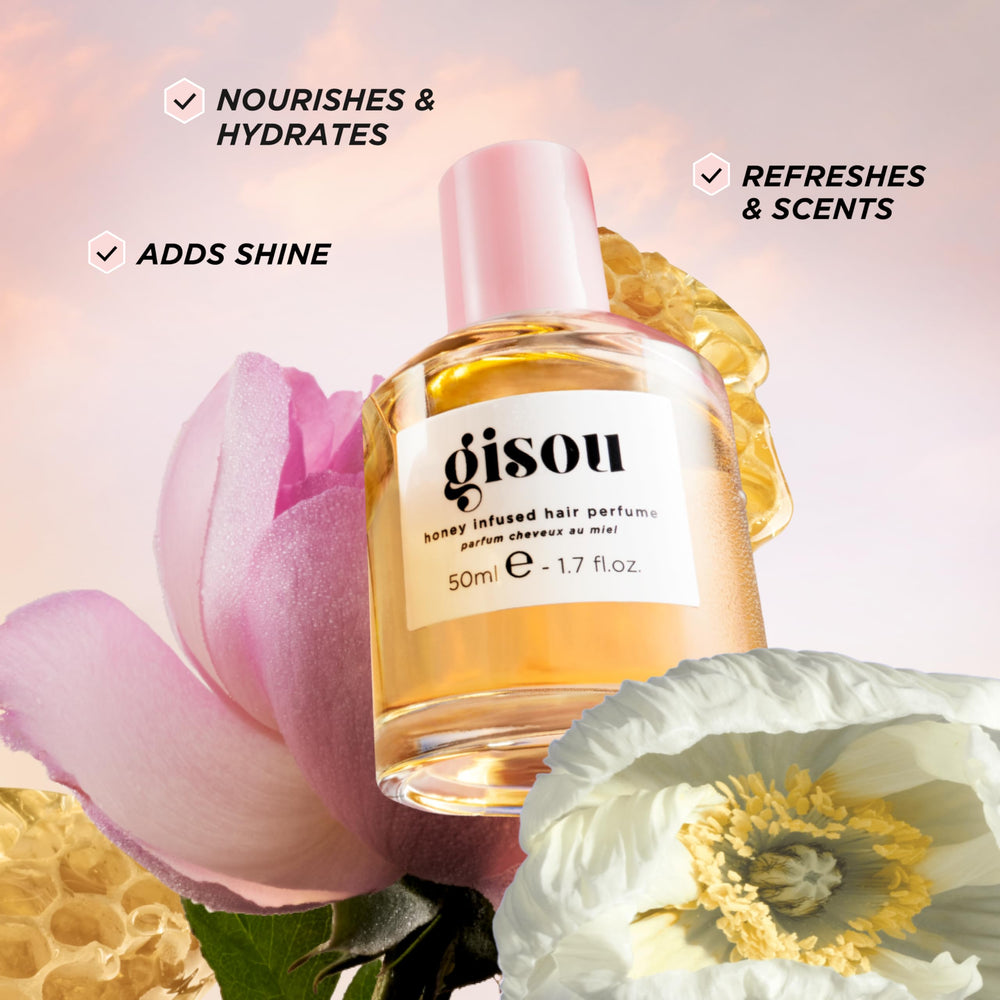Gisou Wildflower Honey fragrance bottle highlights long-lasting aroma.
