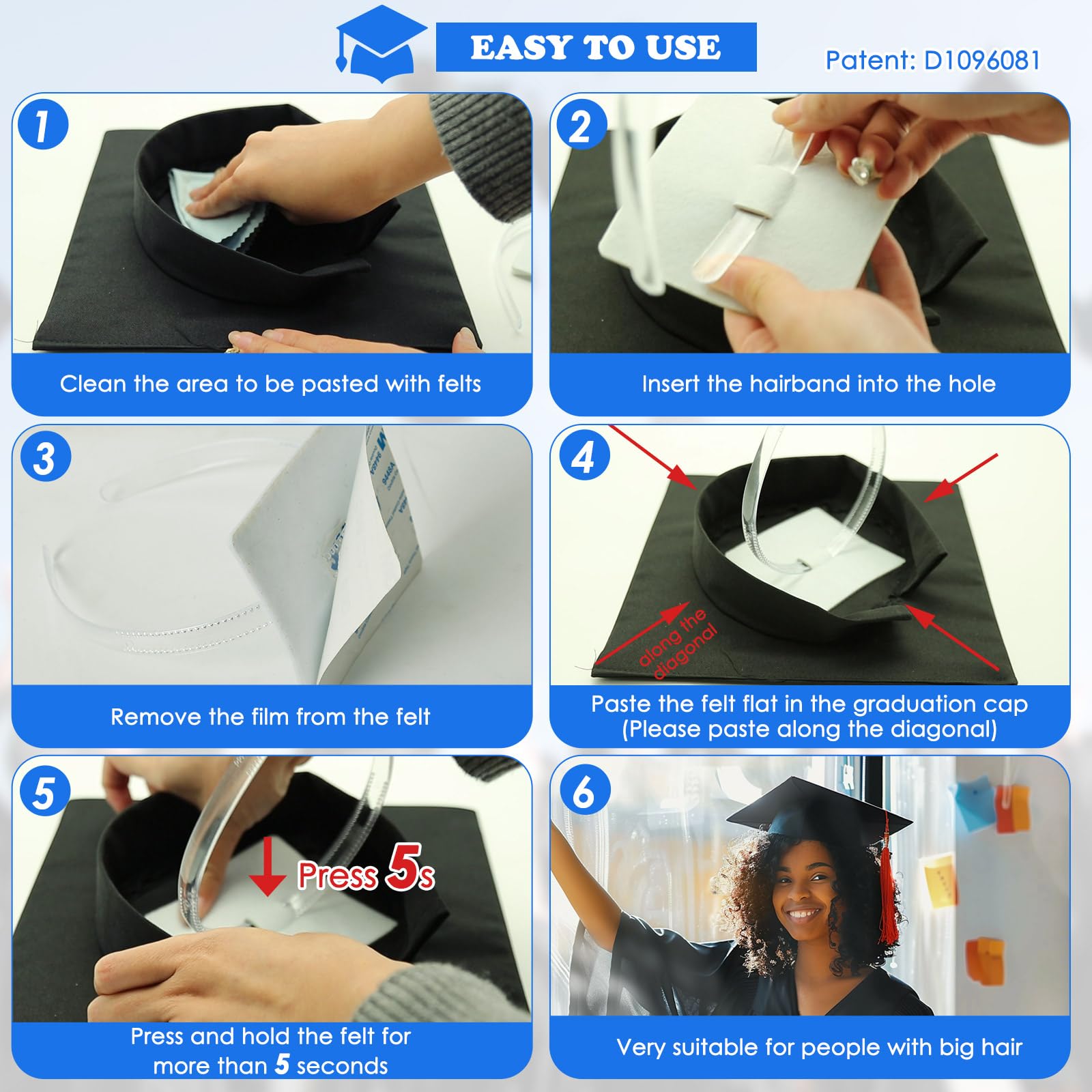 GIURKUU graduation cap headband provides cap stability during toss and photos.