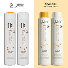 GK Hair conditioner bottle close-up showing lightweight hydration for smooth, frizz-free hair.
