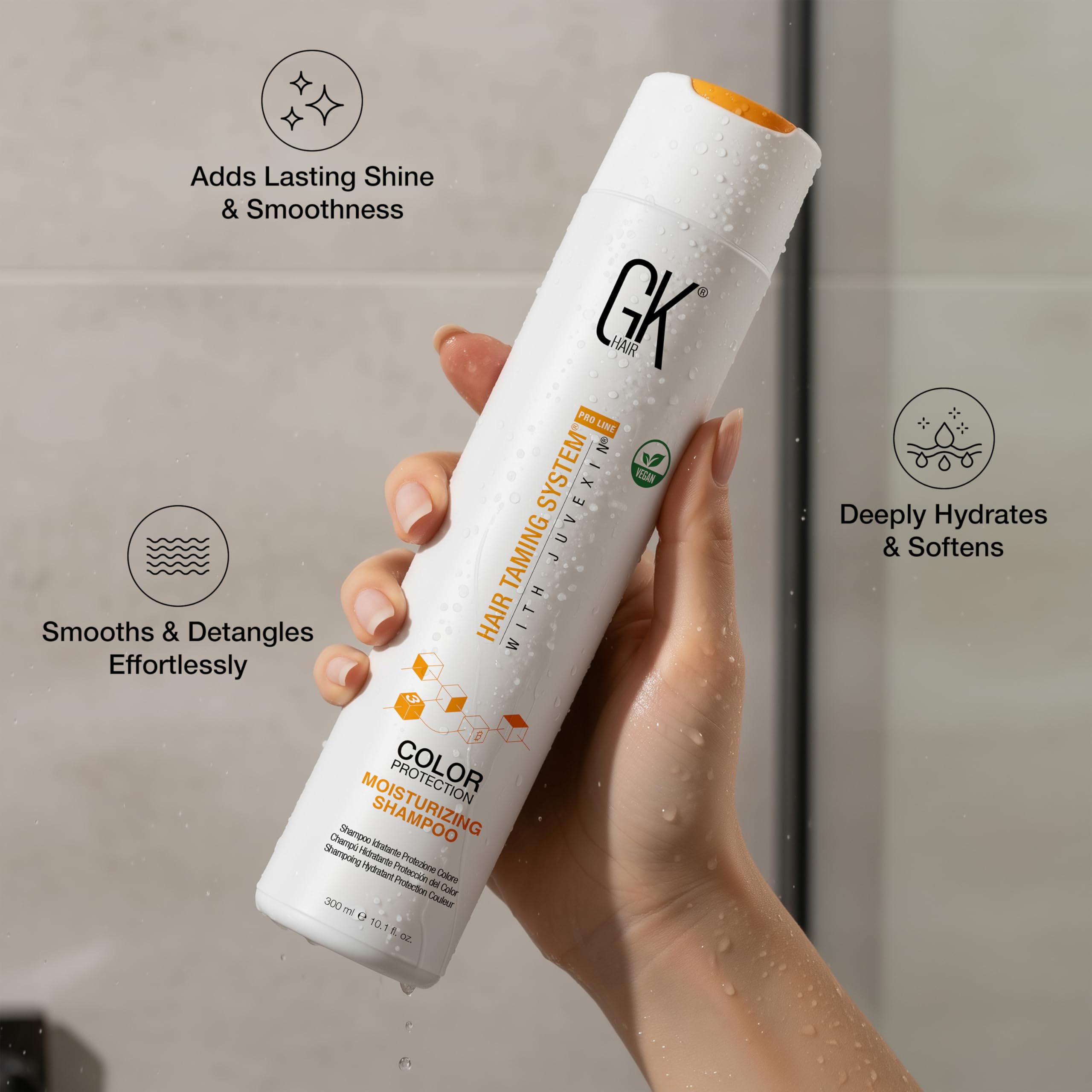 GK Hair duo packaging display emphasizing color protection and moisture renewal.