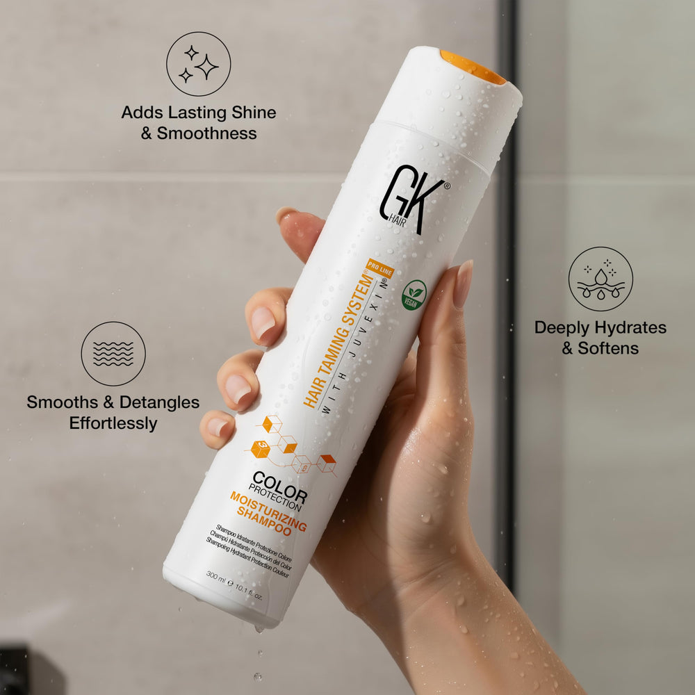 GK Hair duo packaging display emphasizing color protection and moisture renewal.