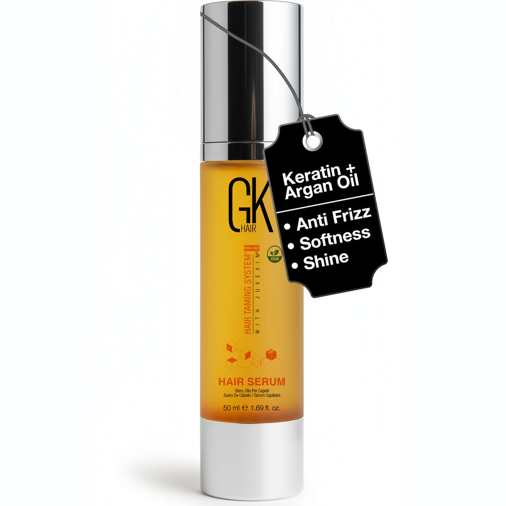 GK HAIR Oil argan serum bottle showing sleek packaging for shine and frizz control