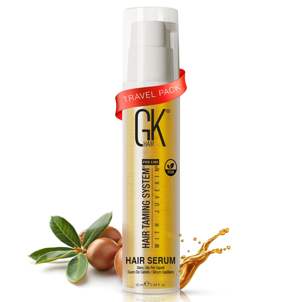 GK HAIR Oil travel-size bottle applying argan oil for smoother hair.