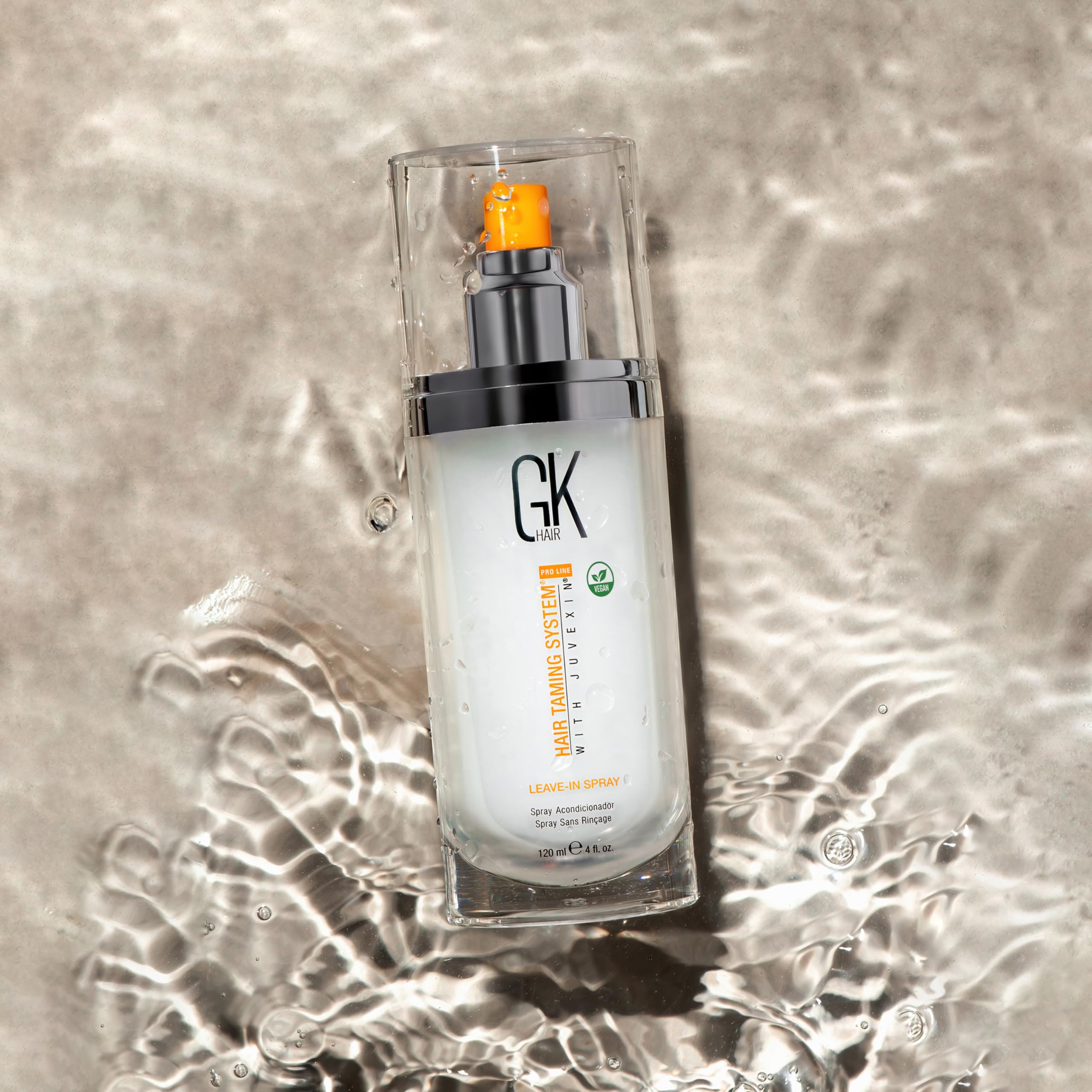 GK Hair vegan leave-in conditioner spray 120ml bottle packaging shown