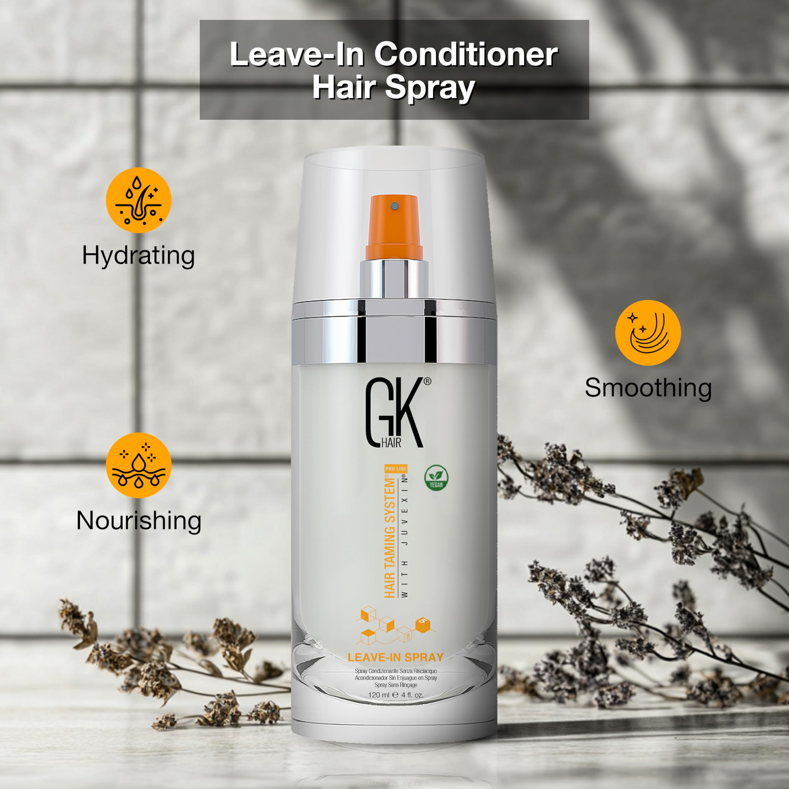 GK Hair vegan leave-in conditioner spray with natural seed oils for nourishment
