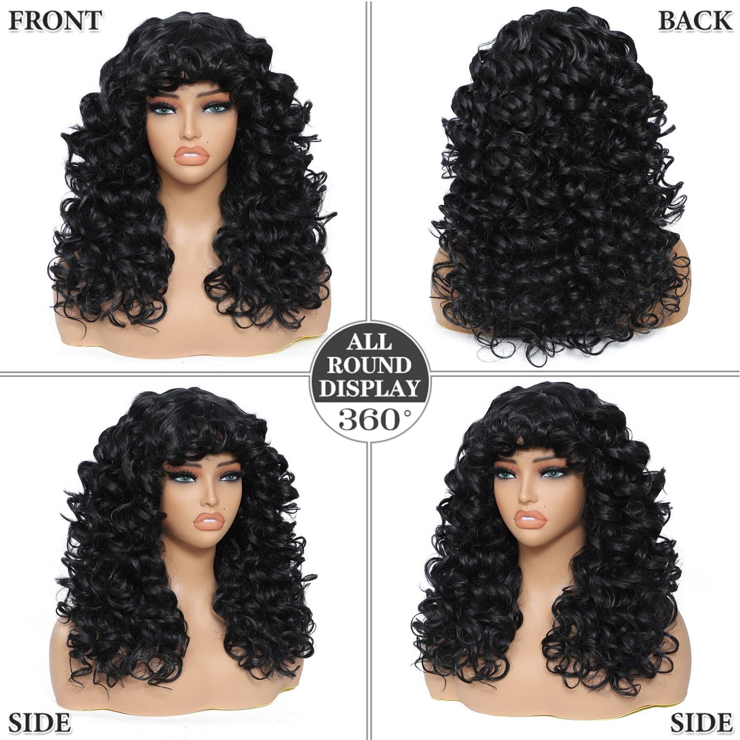 GKtineke Curly Wig 20-inch bangs side view, natural flow and movement