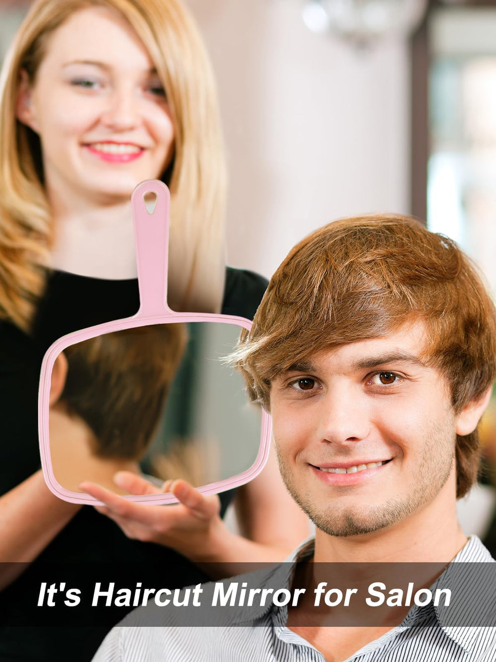 Gladmart hand mirror square pink hanging hole for easy storage between clients.