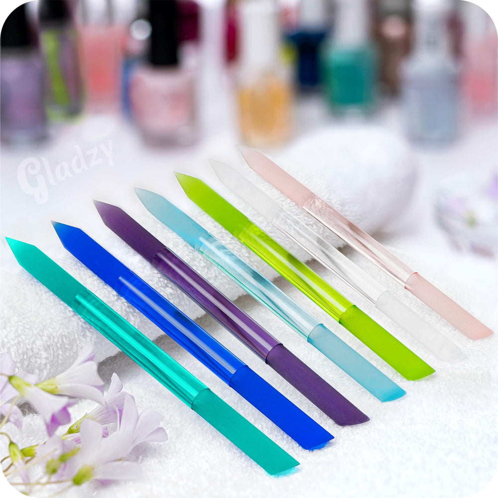 GLADZY Glass Cuticle Pusher etched grit on both sides for long-lasting filing.