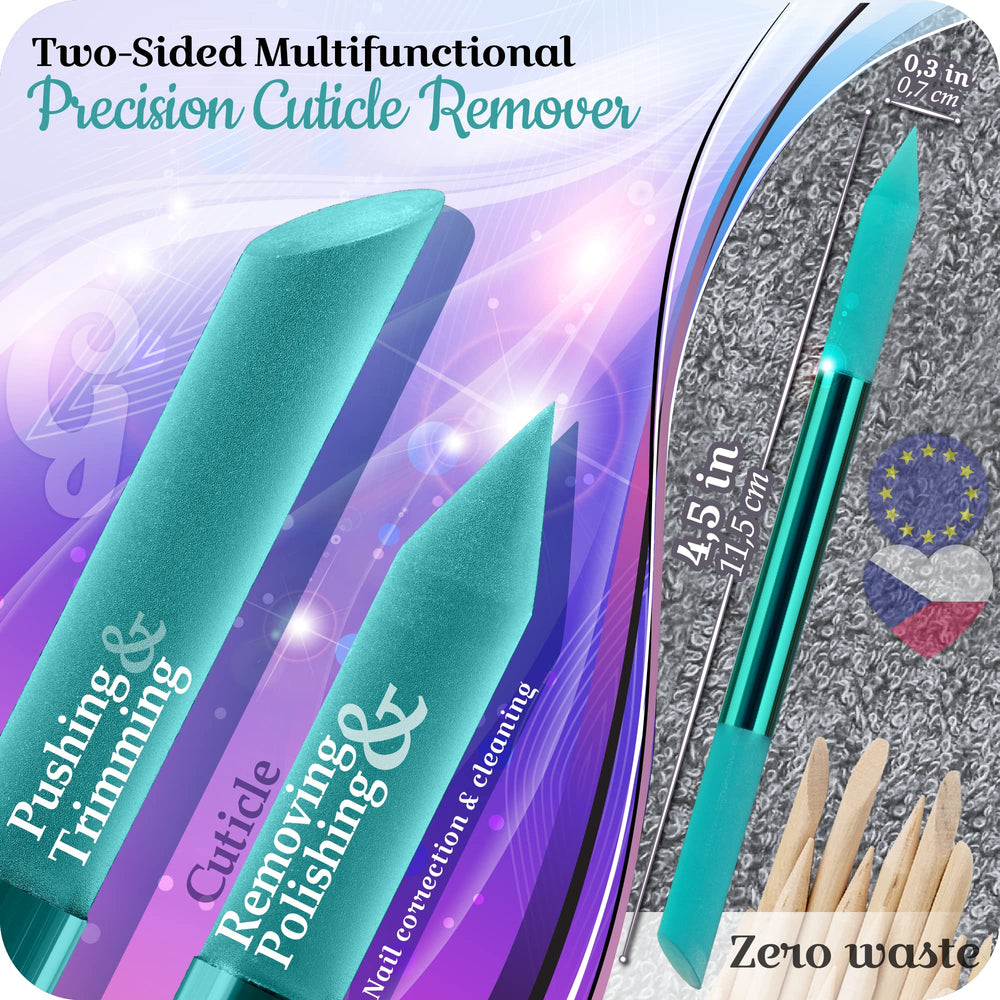 GLADZY Glass Cuticle Pusher with a pointed end enables access to tight corners.