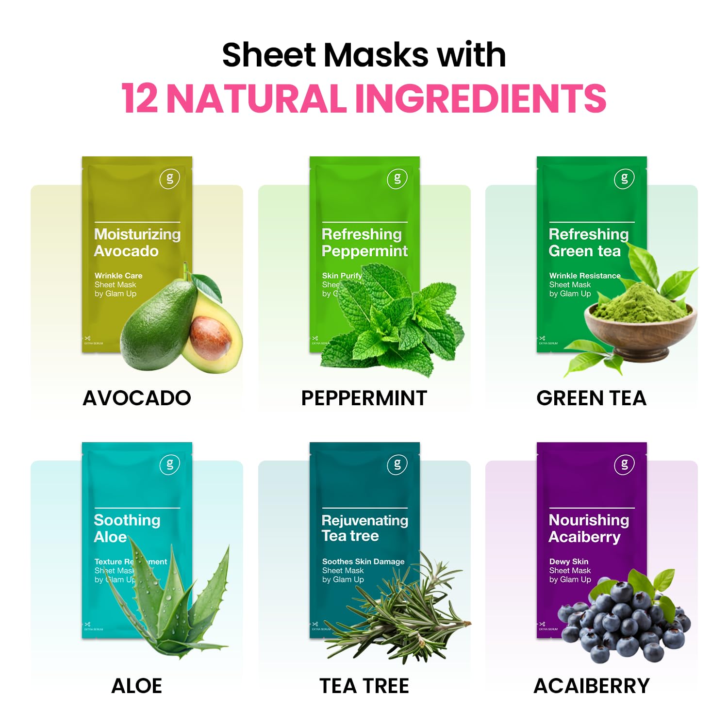 GLAM UP mascarilla facial 12-pack piel sensible, fórmula suave y respetuosa