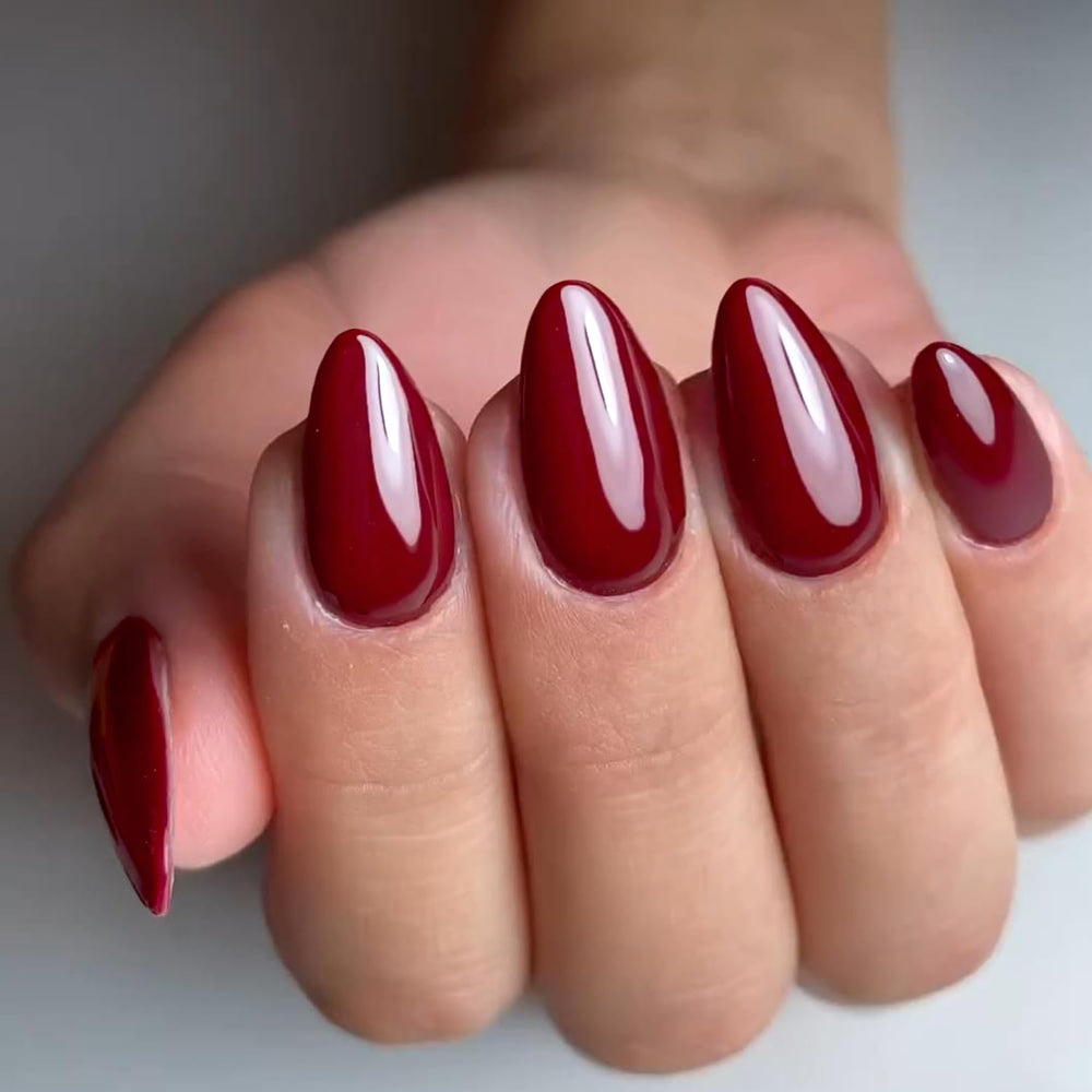 GLAMERMAID dark red press-on nails in almond shape for salon-like manicure at home