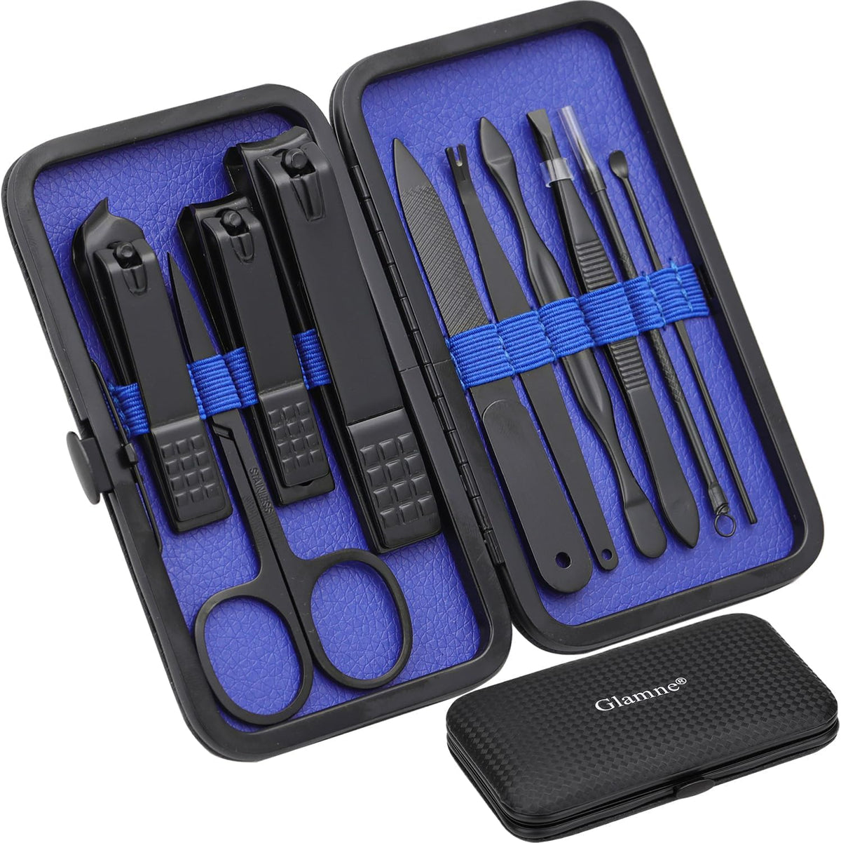 GLAMNE manicure set case open blue, travel-ready grooming on the go.
