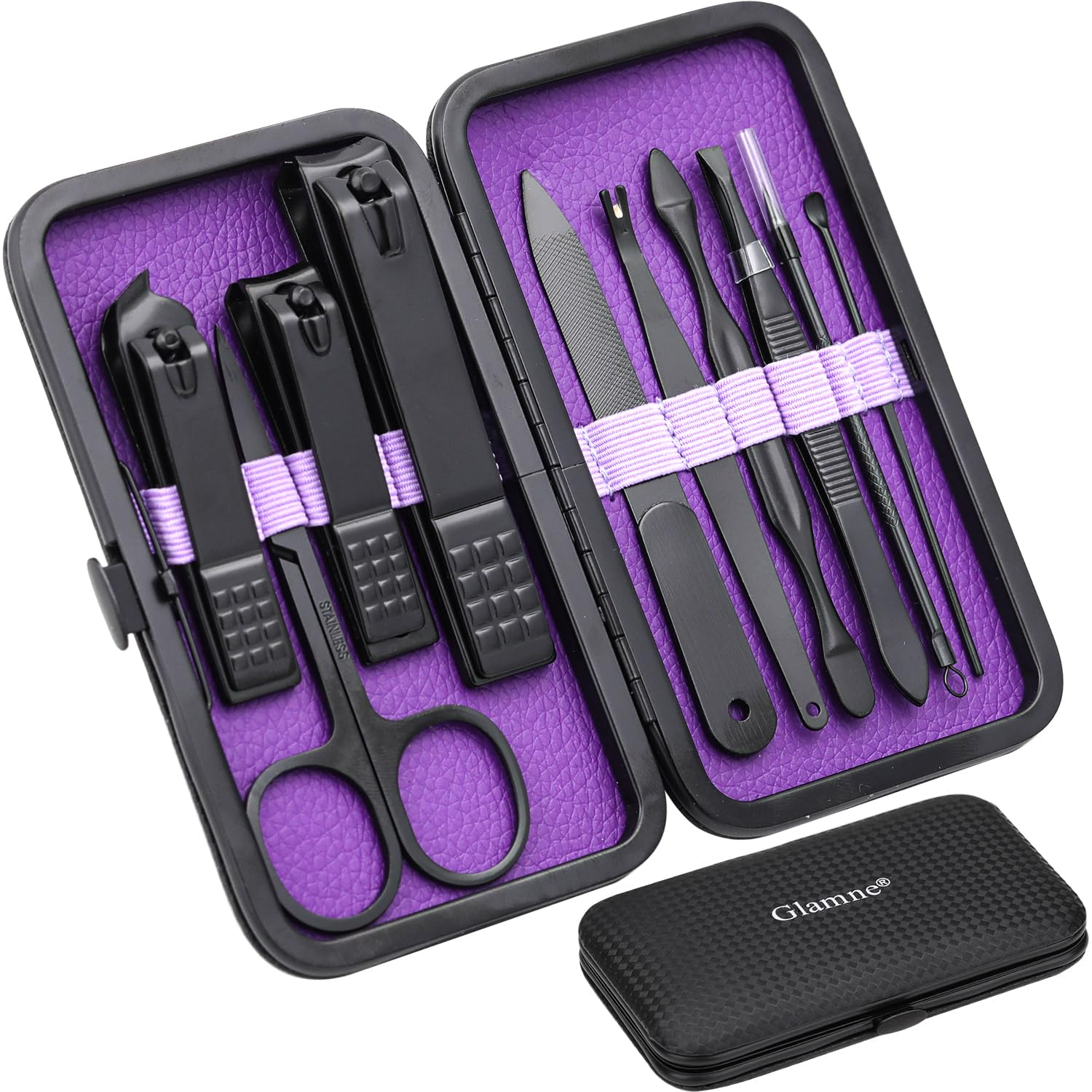 Glamne manicure set with purple leather case, ideal for travel touch-ups.