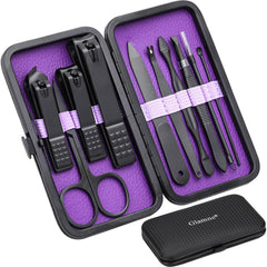 Glamne manicure set with purple leather case, ideal for travel touch-ups.