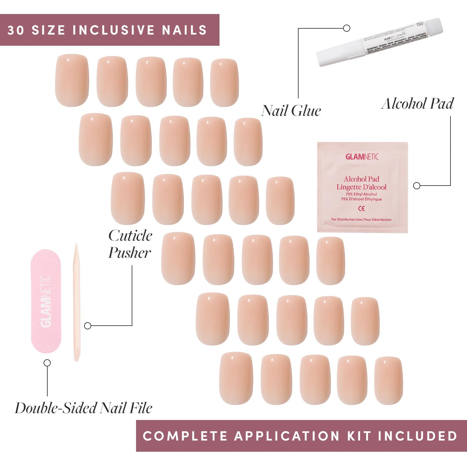 Glamnetic GLAMZILLA nails packaging box shows included glue and tools