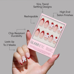 Glamnetic Ruby Ribbons acabado brillante, aspecto de manicura profesional.