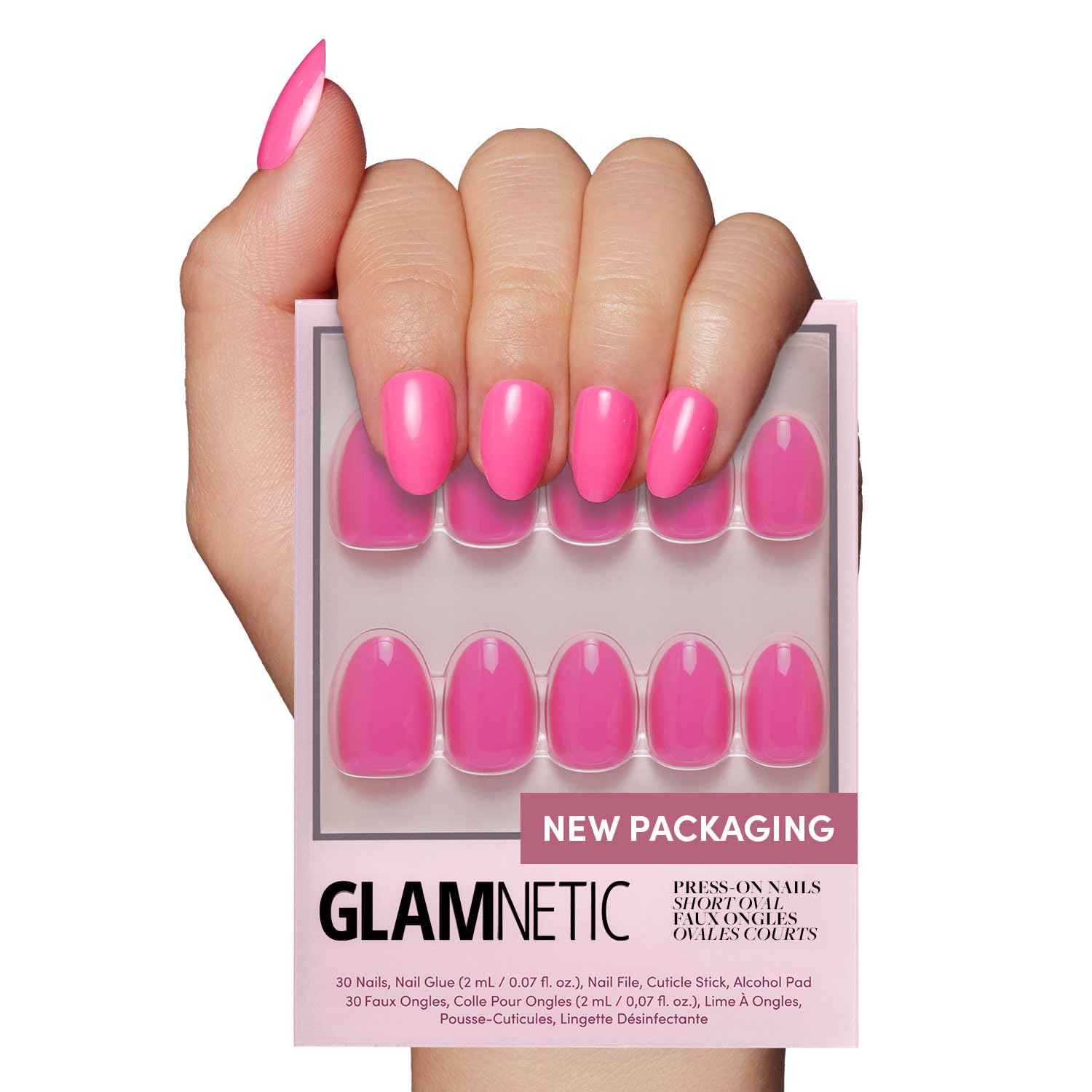 Glamnetic Uñas pegadas rosa neon cortas ovaladas, acabado brillante y duradero para uso diario.