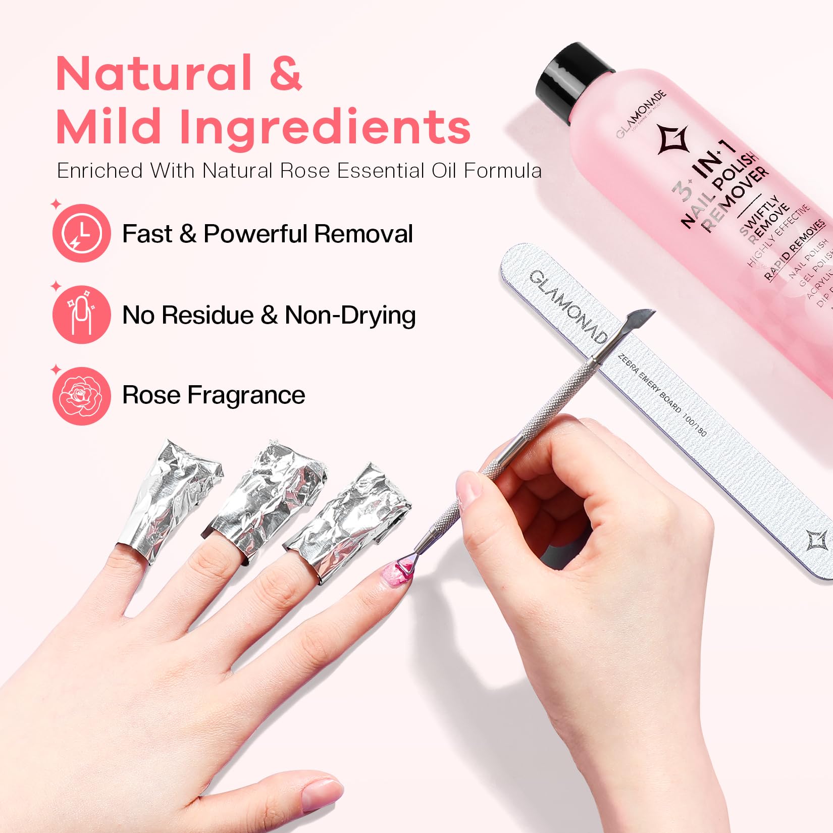 Glamonade aceite esencial de rosas, ingrediente hidratante para uñas más suaves.