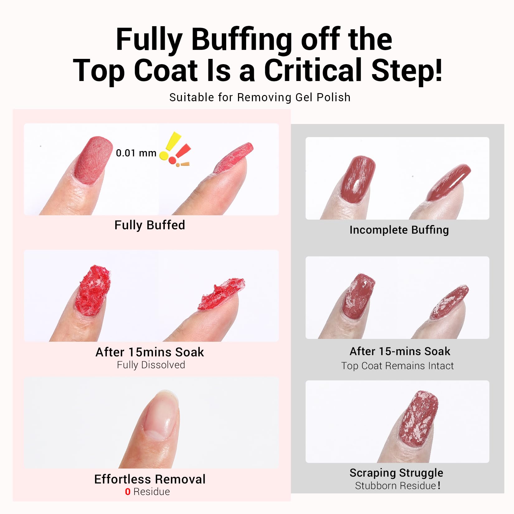 Glamonade aplicación suave desde cutícula hasta punta para remover esmalte.