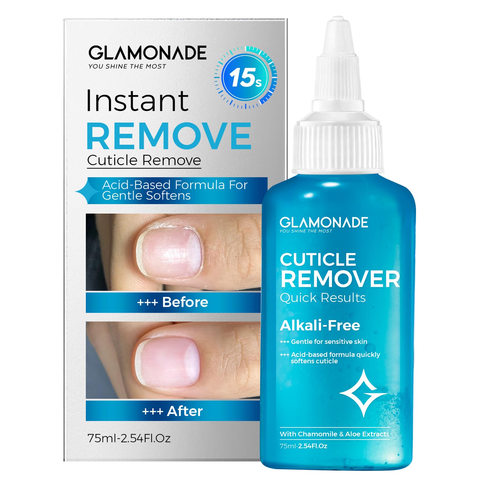Glamonade bottle close-up showing premium cuticle remover for fast prep.