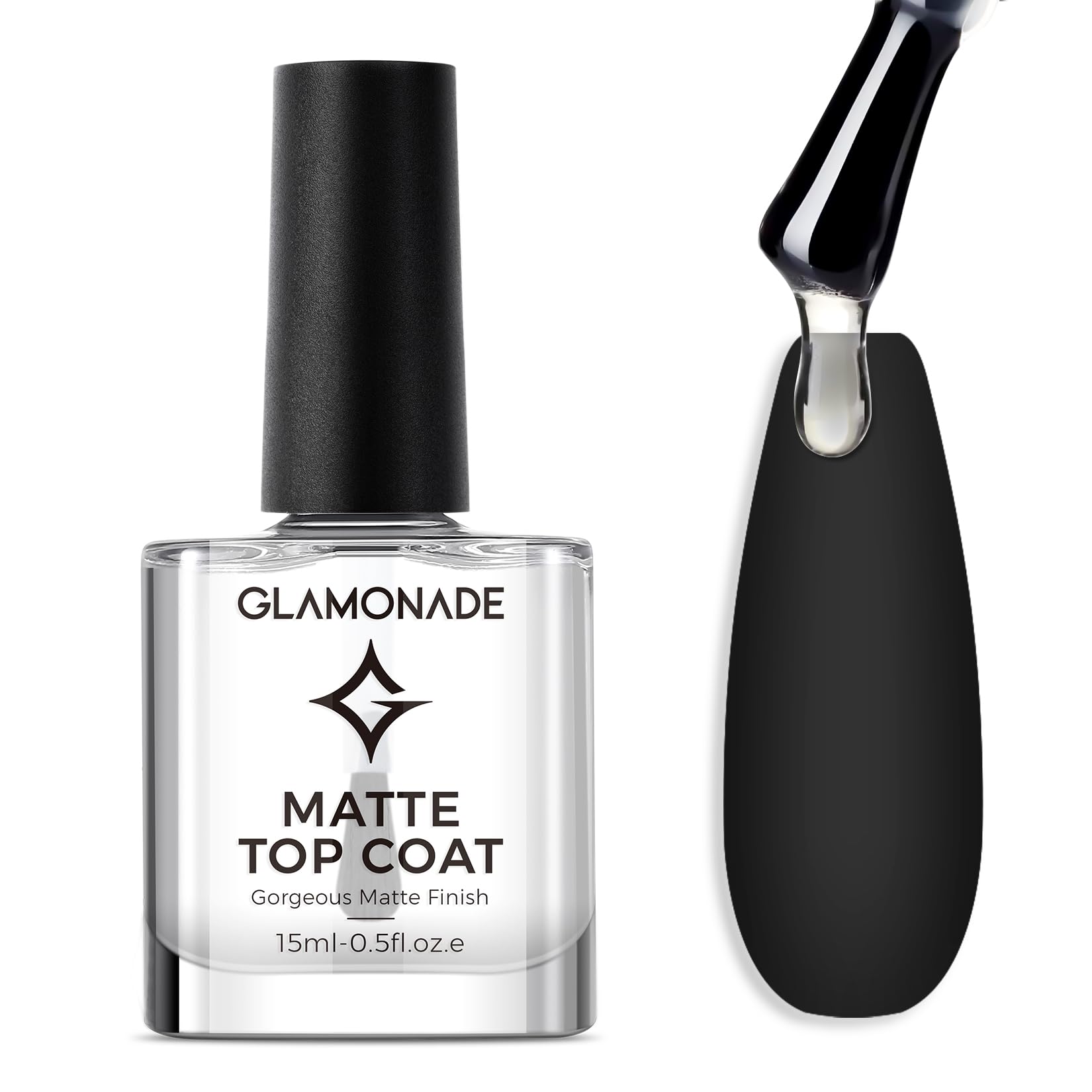Glamonade Matte Top Coat bottle glistening, delivering a clear matte finish for any manicure.