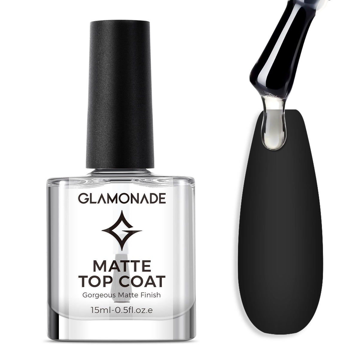 Glamonade Matte Top Coat bottle glistening, delivering a clear matte finish for any manicure.