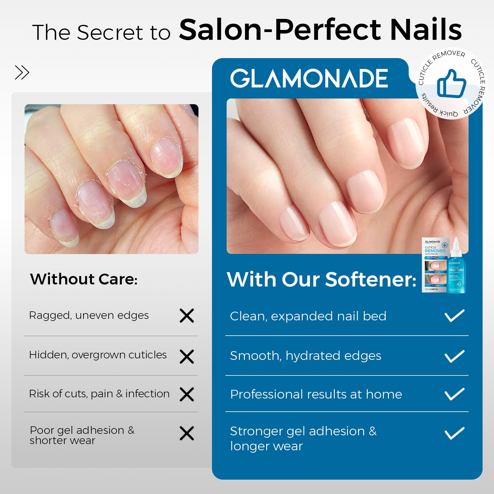 Glamonade precise, mess-free application supports neat cuticle cleanup.