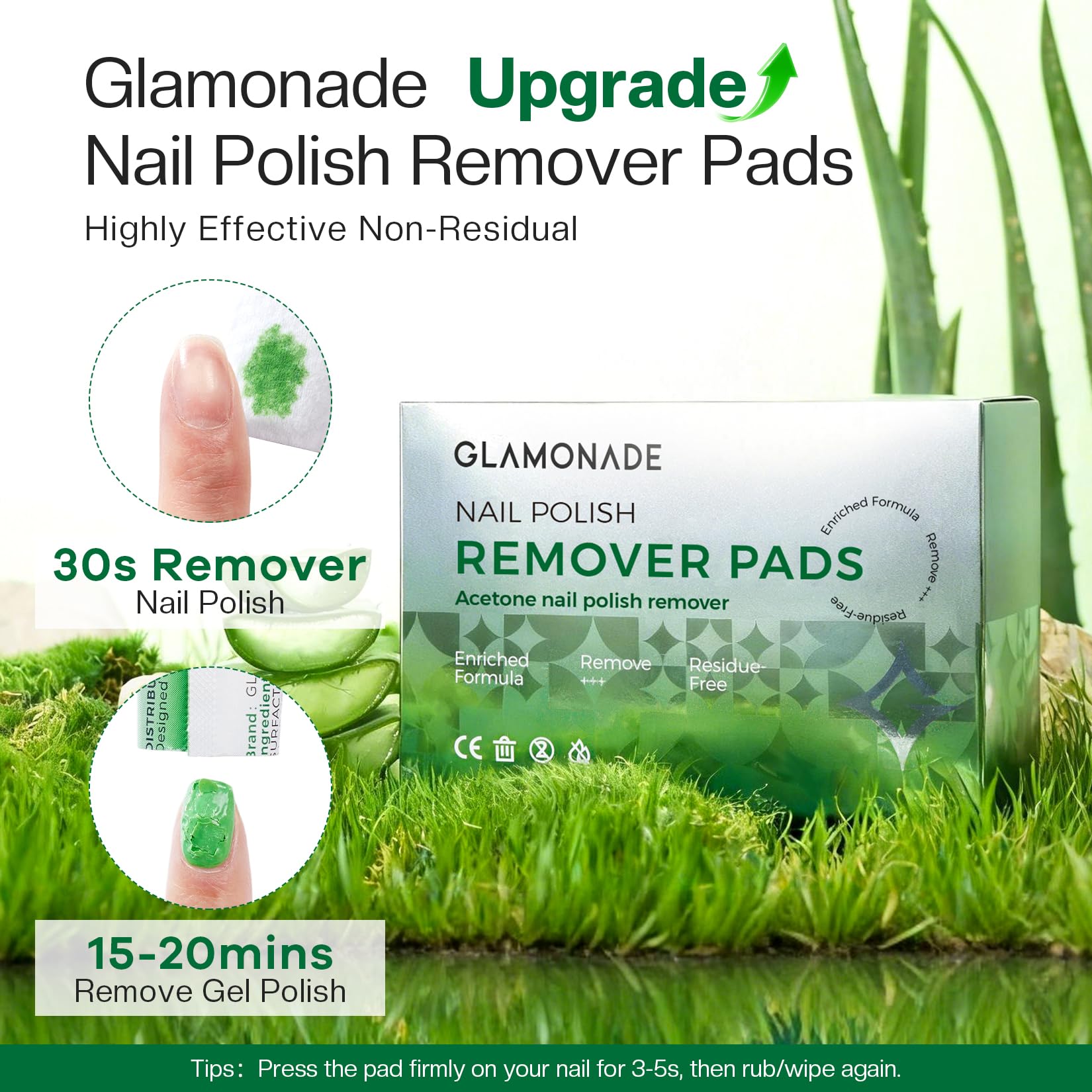 Glamonade toallitas grandes 9x9 cm para eliminar esmalte de diez uñas.