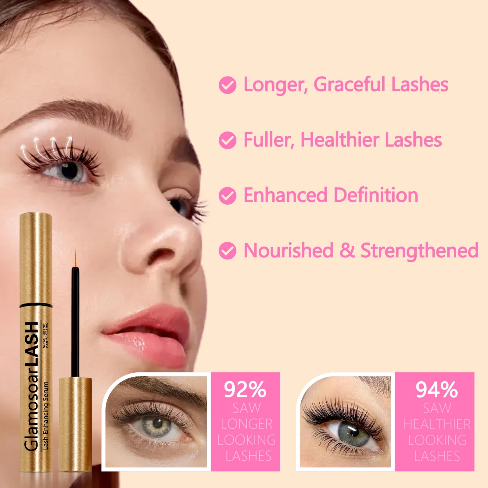 Glamosoar Lash Serum fragrance-free label signals gentle, irritation-free daily use.