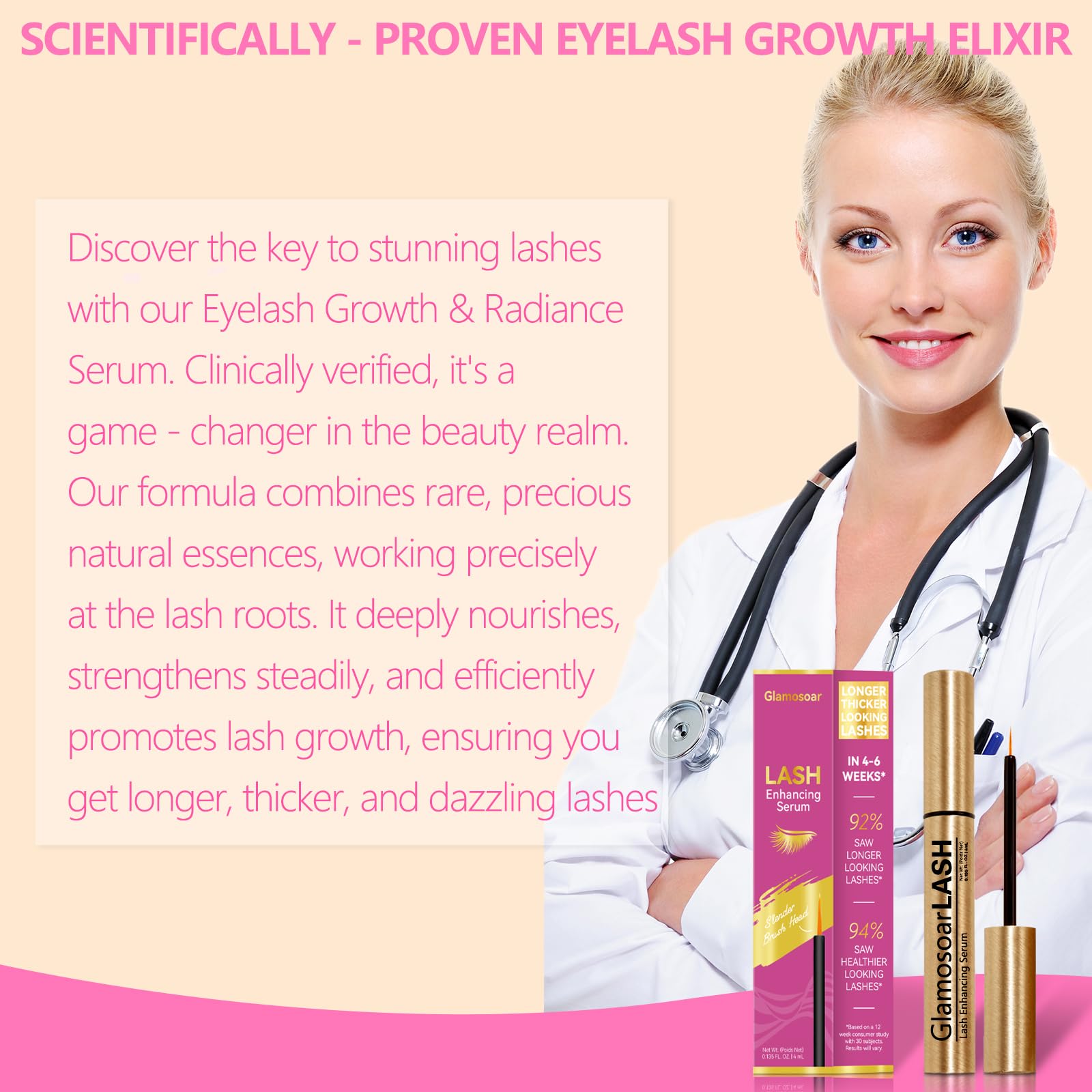 Glamosoar Lash Serum bottle with ingredients list highlights growth-supporting components.