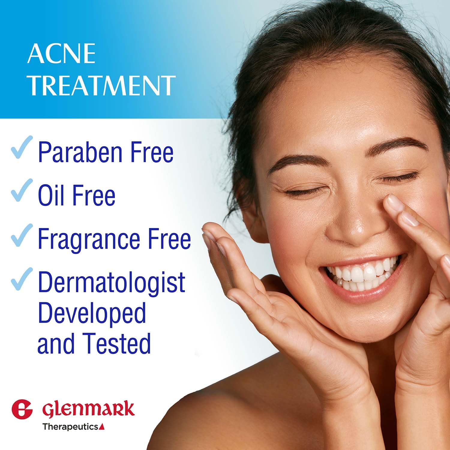 Glenmark Therapeutics Adapalene Gel 0.1% se aplica en la frente y mejillas, cobertura uniforme sin irritación.