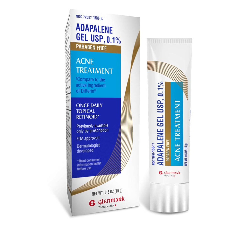 Glenmark Therapeutics Adapalene Gel 0.1% en empaque, opción diaria para el cuidado de la piel.