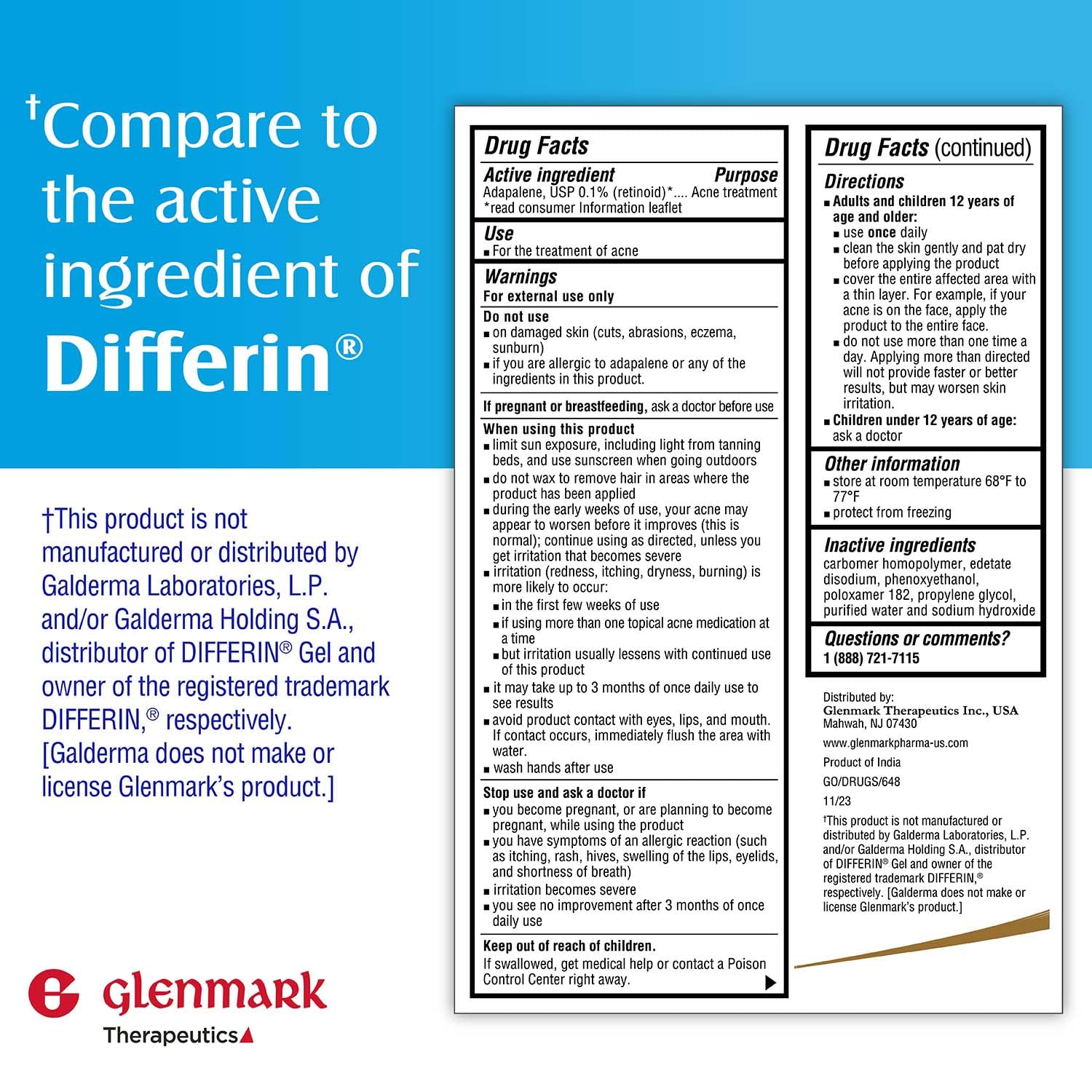 Glenmark Therapeutics Adapalene Gel 0.1% en tubo, aplicación higiénica y precisa.