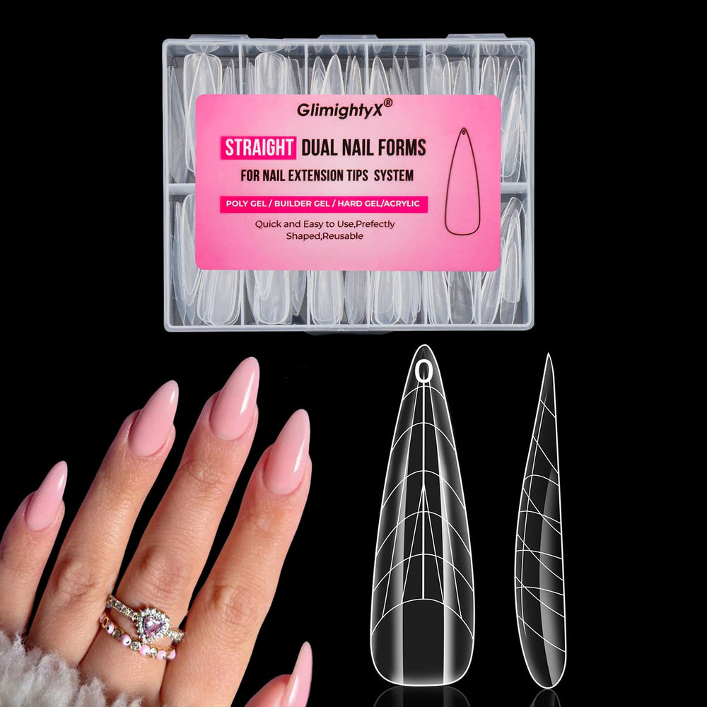 GlimightyX flat polygel nail forms in almond shape for natural-looking extensions
