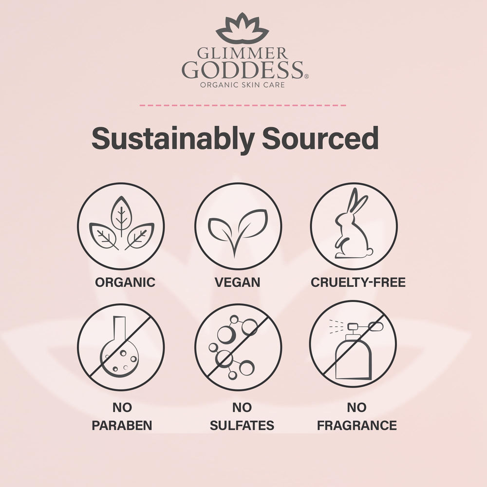 Glimmer Goddess organic ingredients bottle for natural skin nourishment.